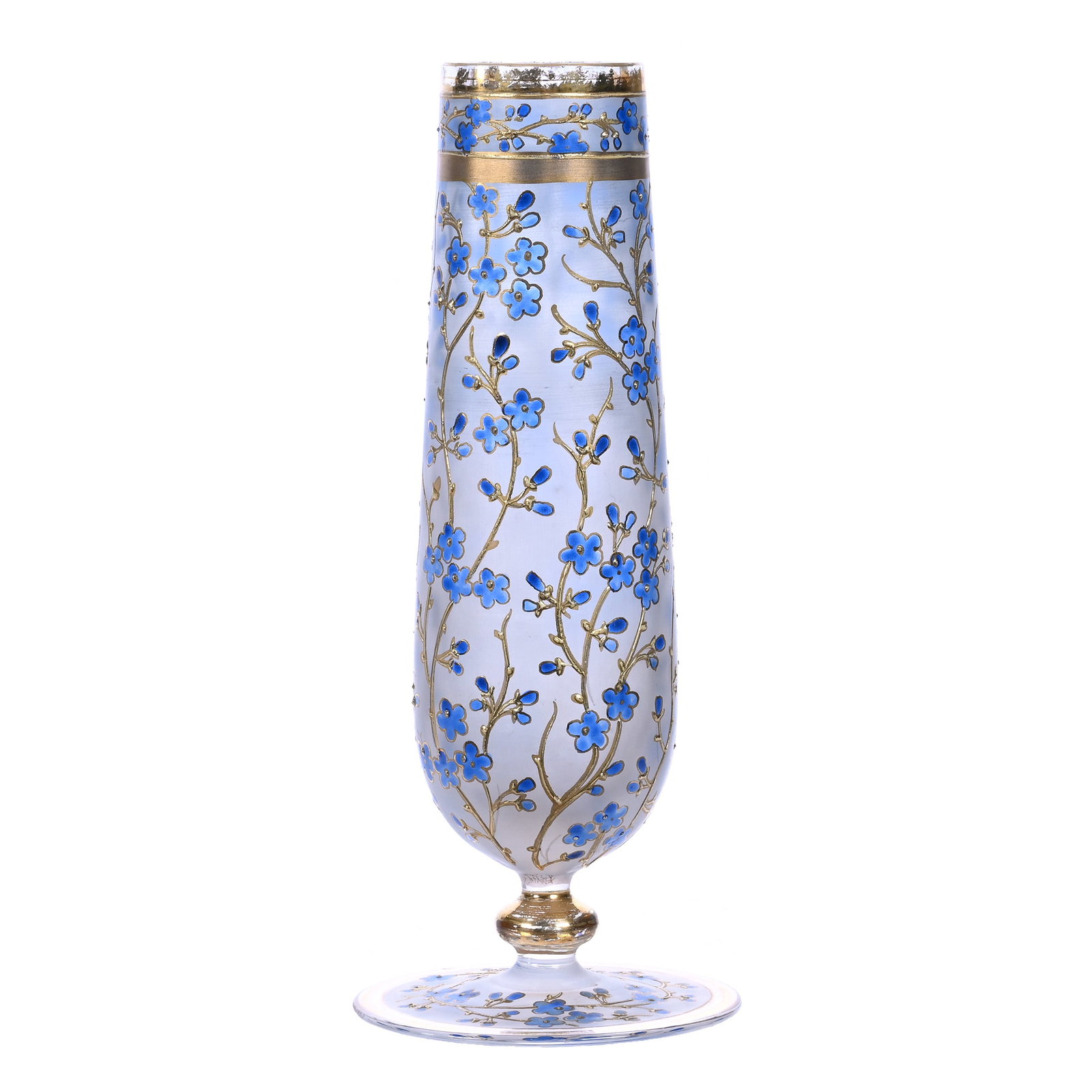 Vase, Unmarked Bohemian Art Glass, Frosted Ground: Vase, Unmarked Bohemian Art Glass, Frosted Ground, 6.75" x 2.75", Blue Floral Ground And Gold Highlights, Verl Timm Collection, Colorado.