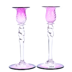 Pair Candlesticks, Unmarked Steuben Art Glass, Shape #686