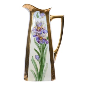 Tankard, Marked J.P. Limoges, Hand Painted Iris Decor With Gold Trim