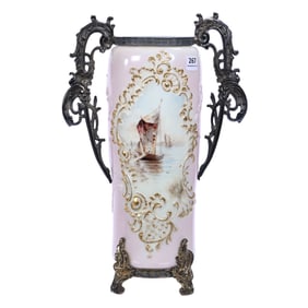 Two Handled Vase, Wave Crest Banner Mark, Pink Body With Sailboat Scenic Decor