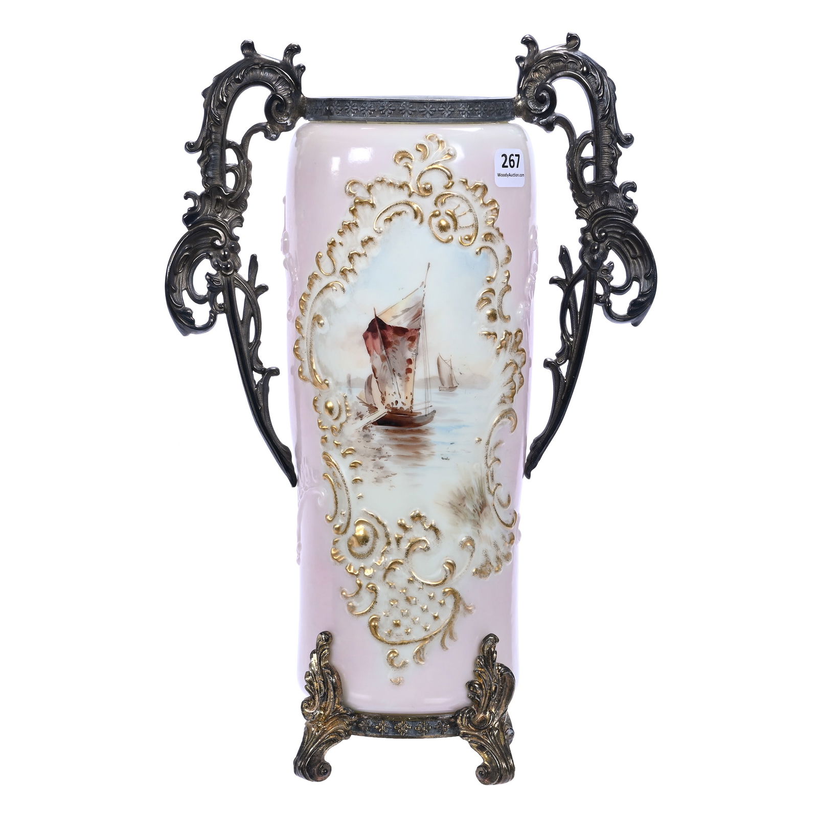 Two Handled Vase, Wave Crest Banner Mark, Pink Body With Sailboat Scenic Decor (1 of 5)