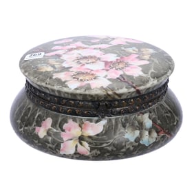 Dresser Box, Marked Kelva, Green Mottled Ground With Pink Floral Decor