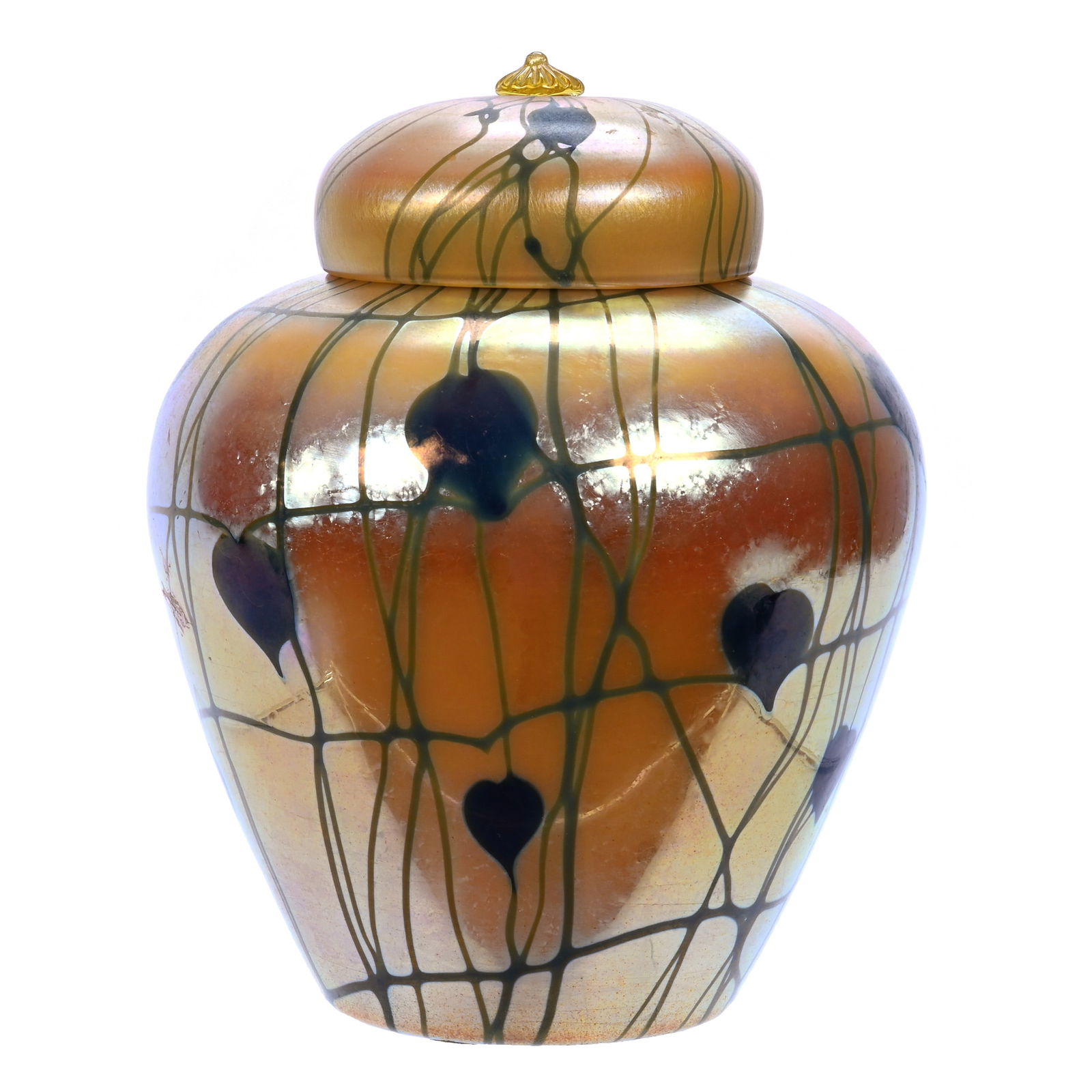 Covered Ginger Jar, Unmarked Durand Art Glass, Heart & Vine Pattern (1 of 3)