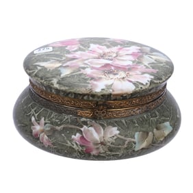 Dresser Box, Marked Kelva, Green Mottled Ground With Pink Floral Decor