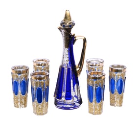 Liqueur Set, Unmarked Moser Art Glass, Cabochon Design, Blue Cut To Clear