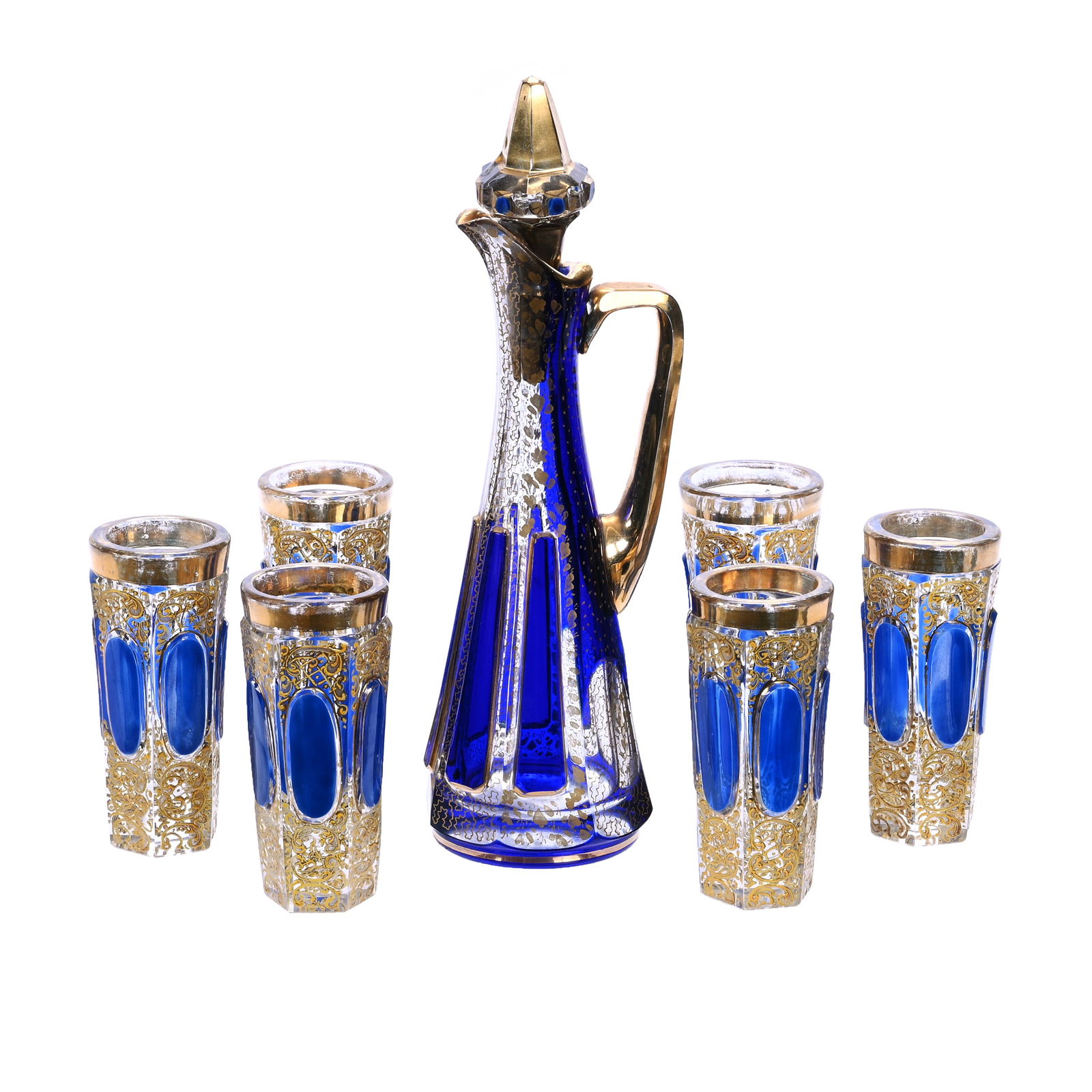 Liqueur Set, Unmarked Moser Art Glass, Cabochon Design, Blue Cut To Clear (1 of 3)
