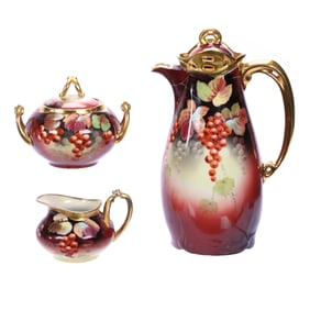 Three Piece Chocolate Set, Marked Pickard On A Limoges Blank, Artist Signed Vokral