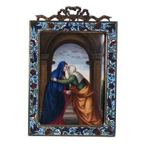 Porcelain Plaque, Unmarked Hand Painted Depiction Of "Visitation" By Mariotto Albertinelli
