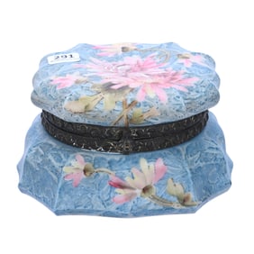 Jewel Box, Marked Kelva, Blue Mottled Ground With Pink Floral Decor