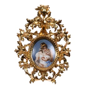 Porcelain Plaque, Mounted In Elaborate 8.75" x 6.25" Gilt Wooden Frame