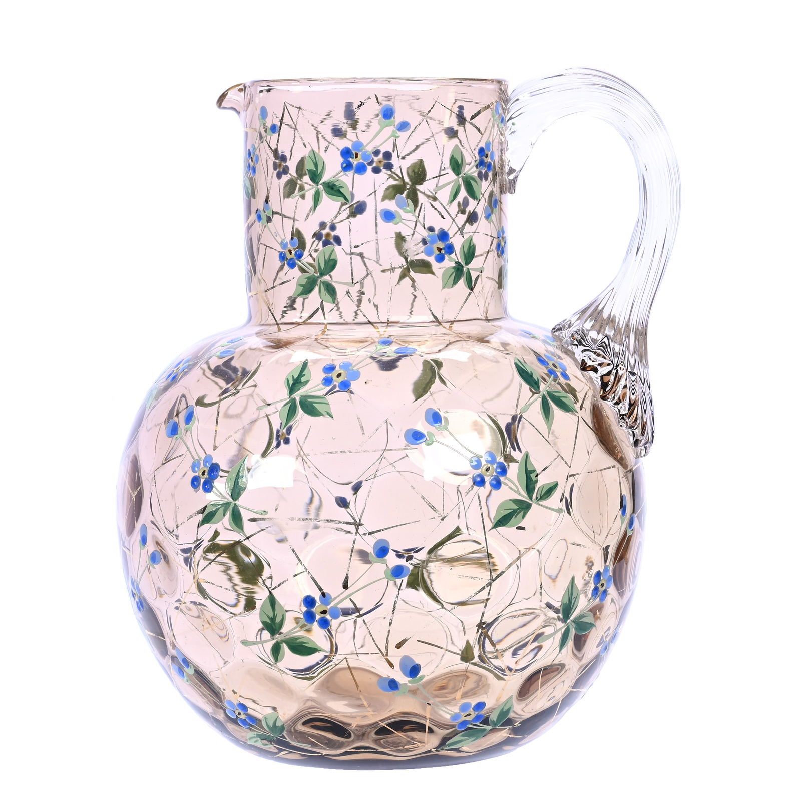 Pitcher, Unmarked Amber Coinspot Art Glass: Pitcher, Unmarked Amber Coinspot Art Glass, 8.5" x 6.5", Scattered Floral Decor, Clear Applied Ribbed Handle, Polished Pontil Base, Verl Timm Collection, Colorado.