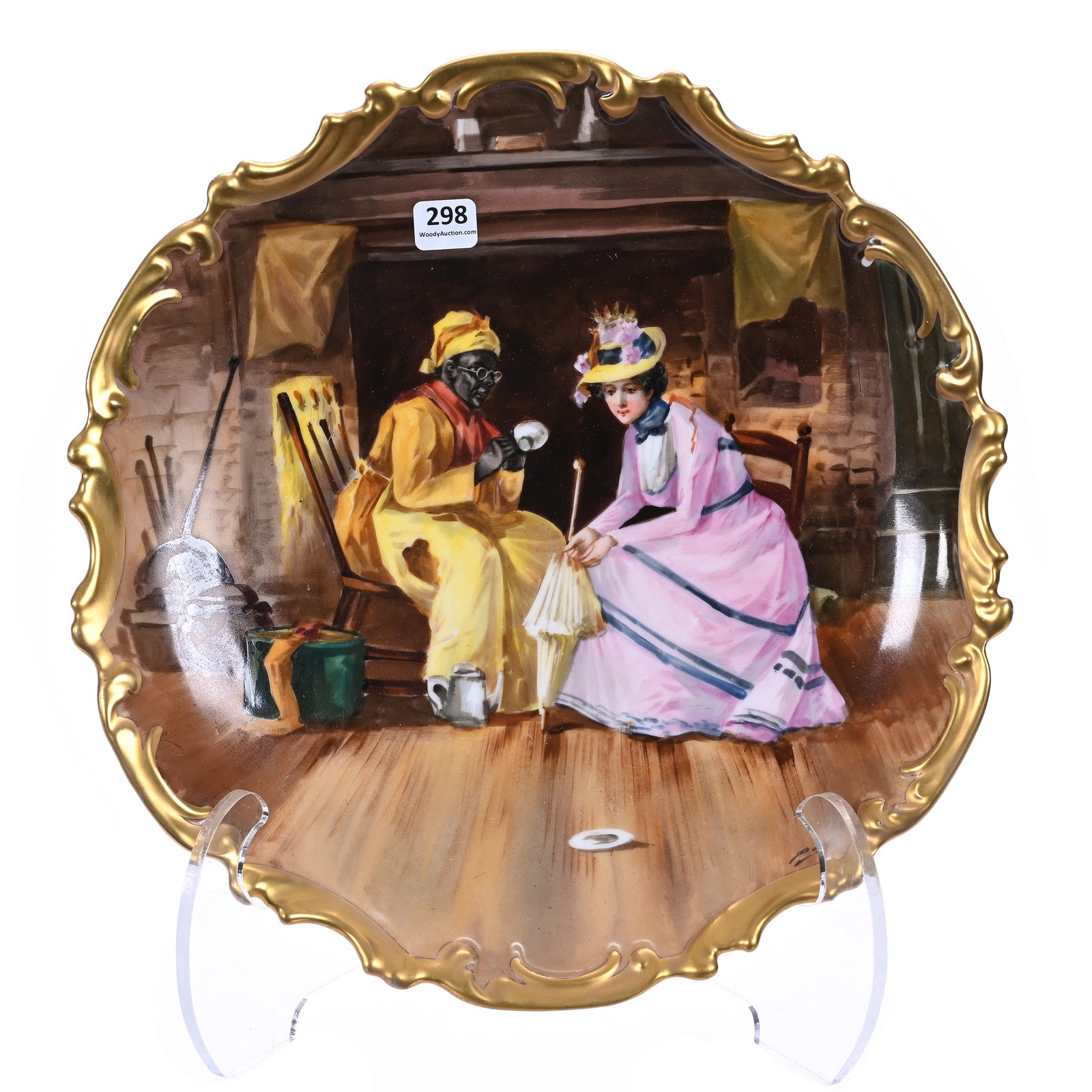Charger, Marked BNH Limoges, Titled "Negro Fortune Teller," Artist Signed Dubois: Charger, Marked BNH Limoges, Titled "Negro Fortune Teller," Artist Signed Dubois, 13.25", Scene Of Victorian Era Woman Receiving Fortune Telling, Rare Black Memorabilia, Private Illinois Collection.