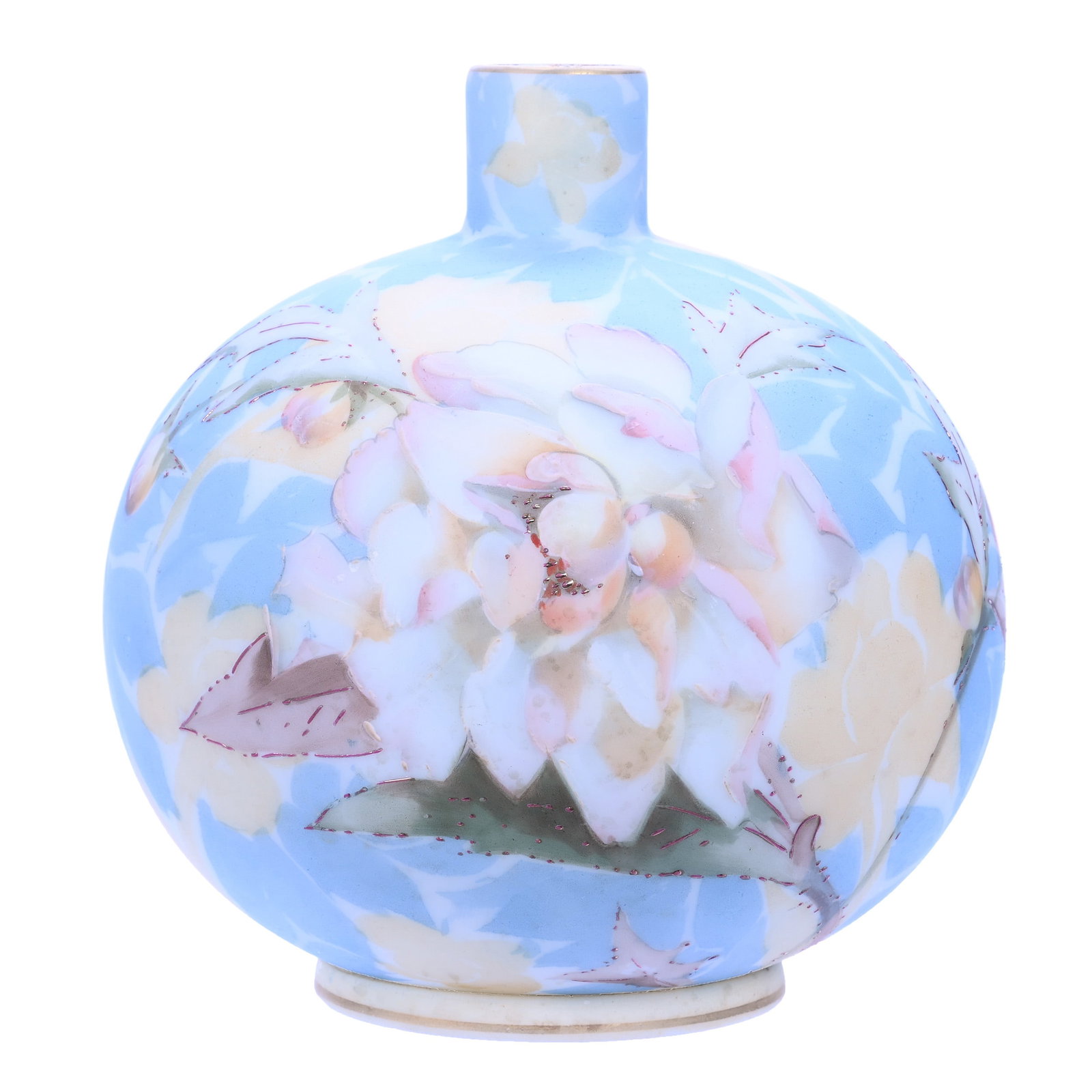 Ball Vase, Unmarked Crown Milano, Blue And Yellow Mottled Ground With Rose Decor: Ball Vase, Unmarked Crown Milano, Blue And Yellow Mottled Ground With Rose Decor, 6.5" x 6.25", Gerry And Jamie Prather Collection, Michigan.