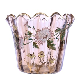 Vase, Solid Amber Art Glass With Heavy Enamel Floral Decor