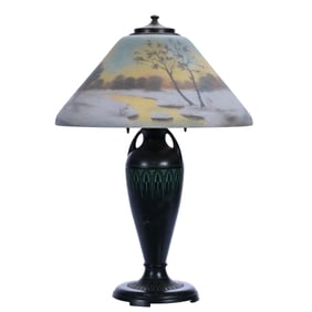 Table Lamp, Marked Moe Bridges, Reverse Painted Winter Fields Scenic Decor