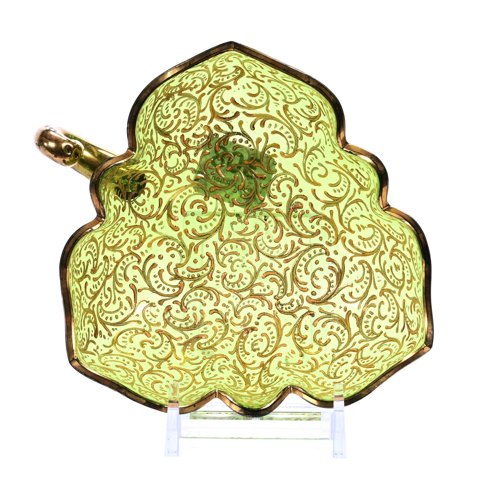 Handled Nappy, Leaf Shape, Unmarked Bohemian Art Glass (1 of 2)