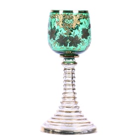 Roemer Wine, Bohemian Art Glass, Green Bowl, Clear Base