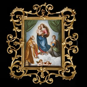 Dresden Porcelain Plaque, Hand Painted Scene Of Sistine Madonna, Original Paper Label On Back