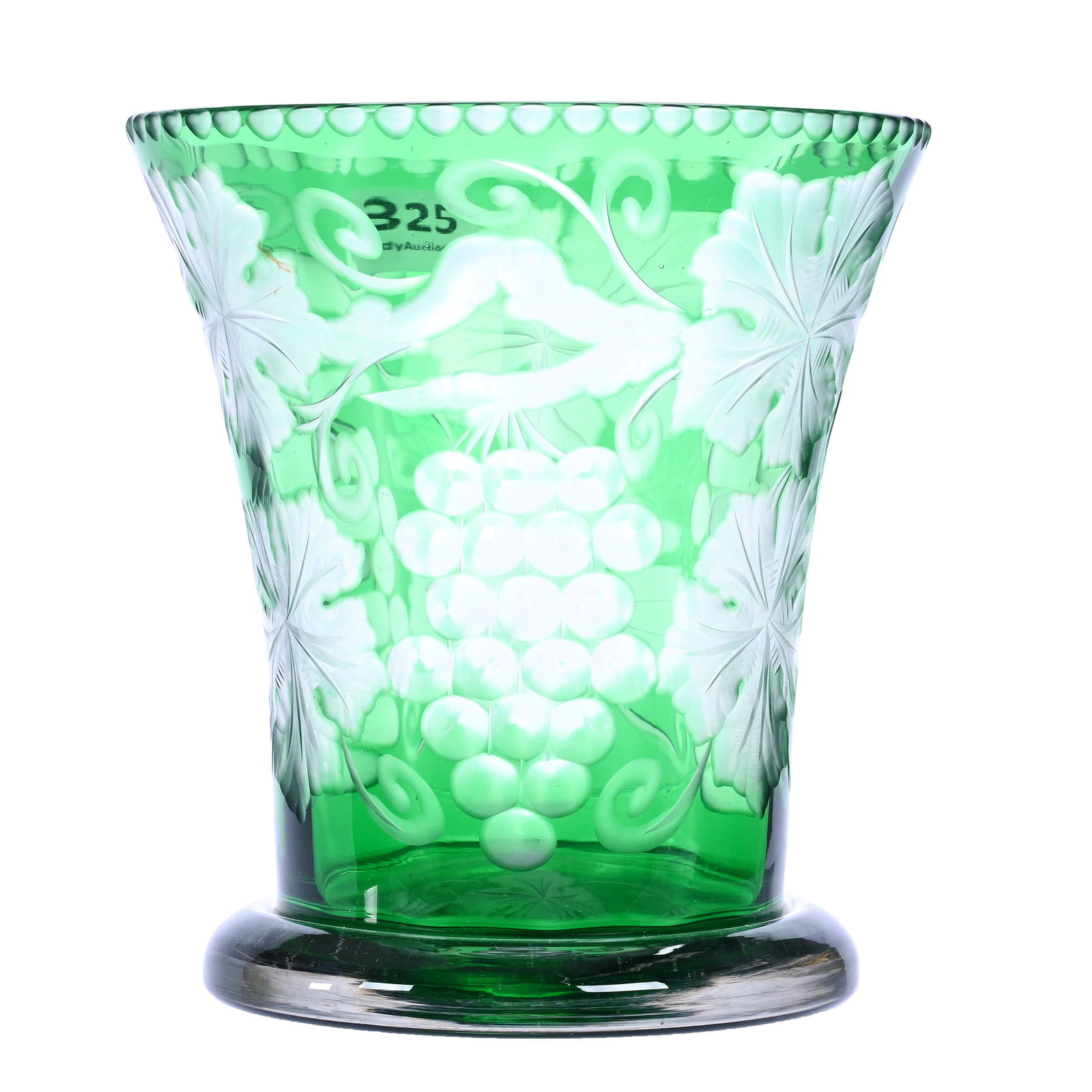 Vase, Unmarked Stevens And Williams Art Glass: Vase, Unmarked Stevens & Williams Art Glass, 6" x 5.25", Wonderful Engraved Vintage Decor, Green Cut To Clear, Gerry And Jamie Prather Collection, Michigan.