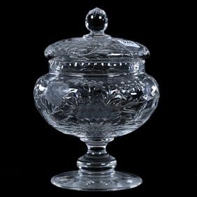 Pedestal Covered Jar, Brilliant Period Cut Glass, Engraved Floral Decor With Pattern Engraved Lid