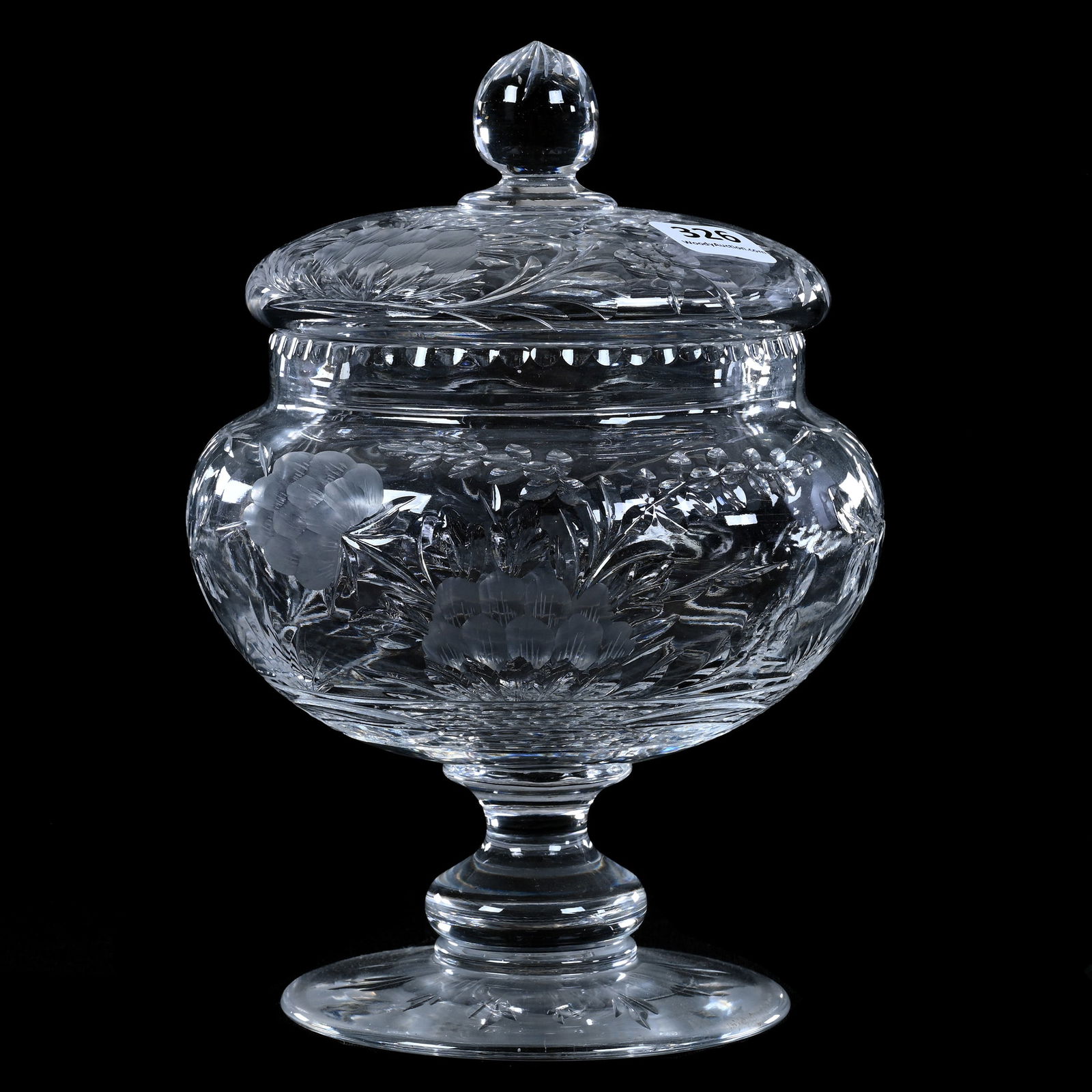 Pedestal Covered Jar, Brilliant Period Cut Glass, Engraved Floral Decor With Pattern Engraved Lid (1 of 3)
