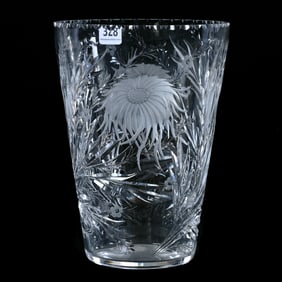 Vase, Signed Hawkes, American Brilliant Cut Glass, Engraved Chrysanthemum Pattern