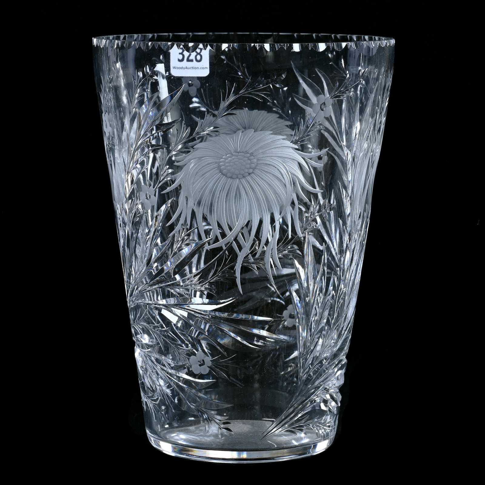 Vase, Signed Hawkes, American Brilliant Cut Glass, Engraved Chrysanthemum Pattern: Vase, Signed Hawkes, American Brilliant Cut Glass, Engraved Chrysanthemum Pattern, 8" x 5.75", Gerry And Jamie Prather Collection, Michigan.