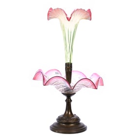 Epergne, Rubina Verde Art Glass Center Lily With Rubina Art Glass Bowl With Swirl Design