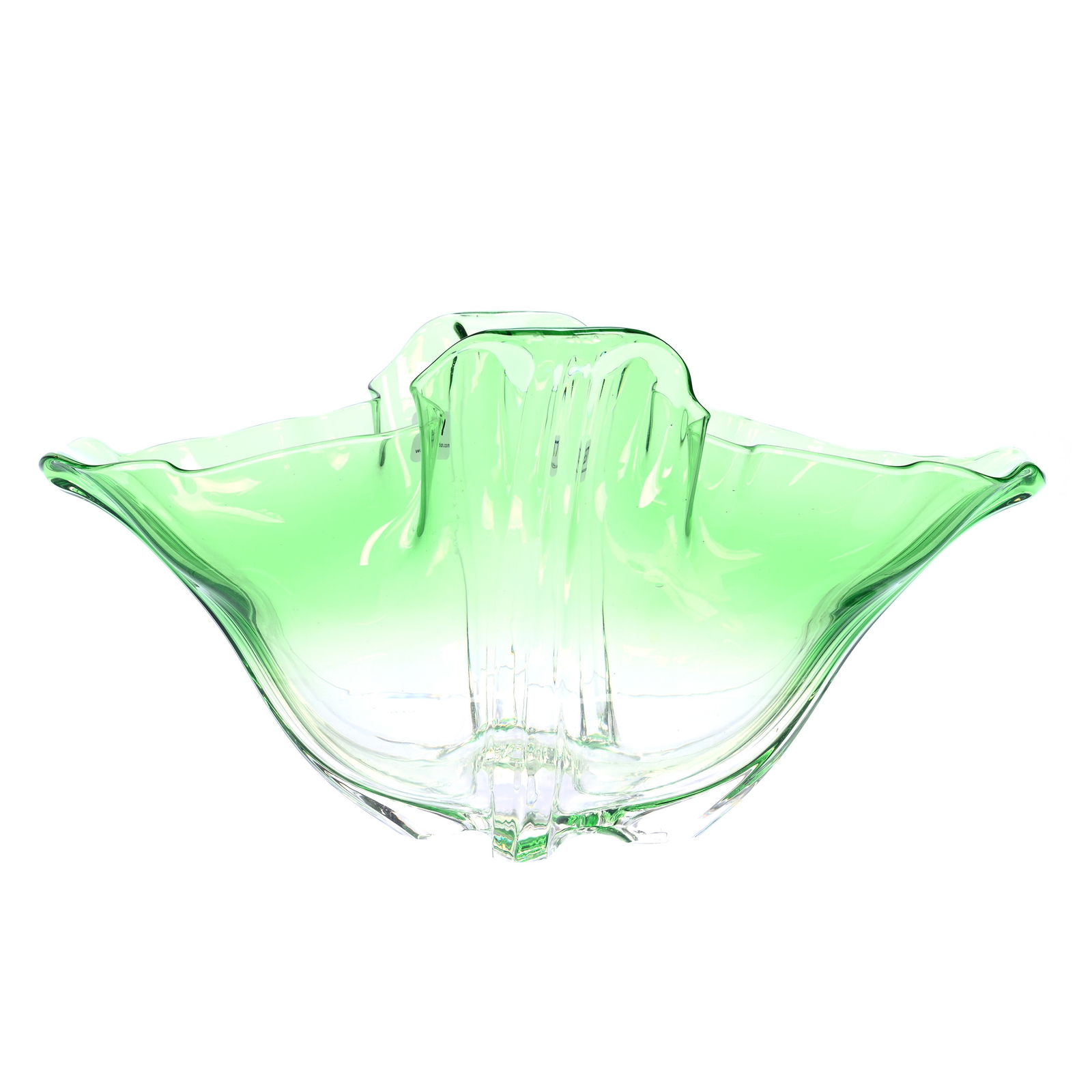 Bowl, Signed Steuben Art Glass, Grotesque Pattern, Shape #7535, Green Shading To Clear: Bowl, Signed Steuben Art Glass, Grotesque Pattern, Shape #7535, Green Shading To Clear, 6.25" x 11.5" x 6.5", Gerry And Jamie Prather Collection, Michigan.