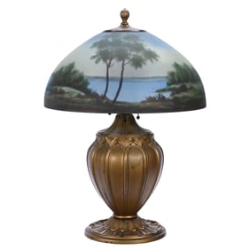 Table Lamp, Reverse Painted Art Glass Shade, Early 20th Century, Lake And Tree Scenic Decor