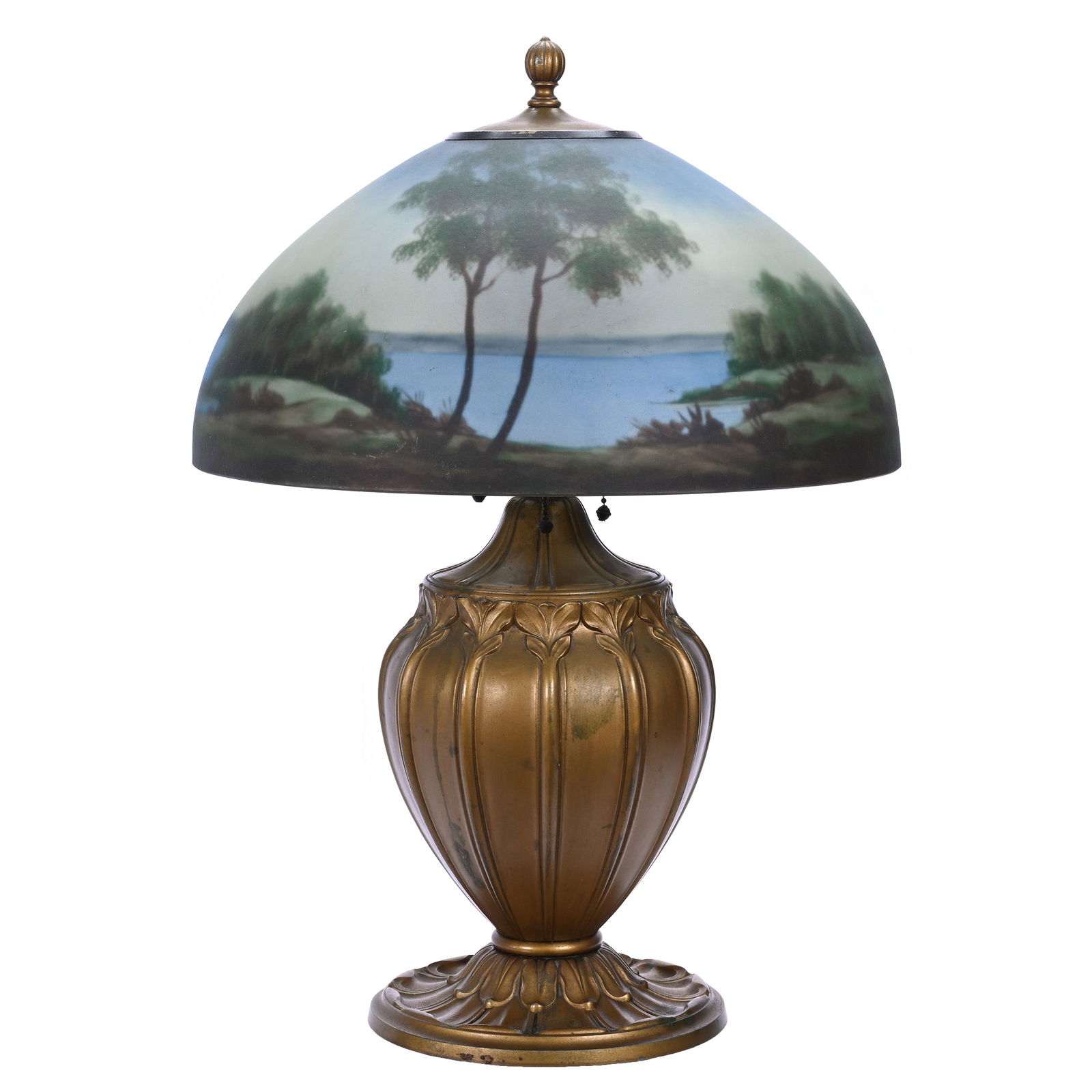 Table Lamp, Reverse Painted Art Glass Shade, Early 20th Century, Lake And Tree Scenic Decor (1 of 7)