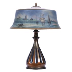 Table Lamp, Signed Pairpoint, Reverse Painted Art Glass, New Bedford Harbor Scene On Bombay Shade
