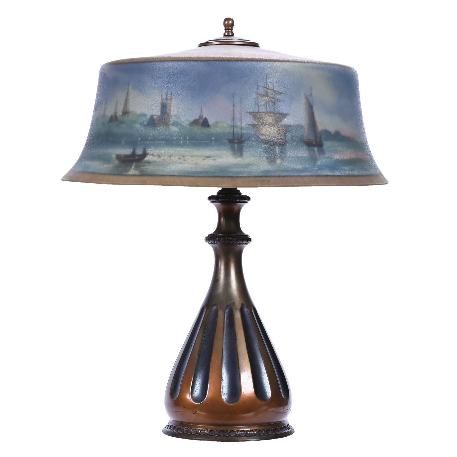 Table Lamp, Signed Pairpoint, Reverse Painted Art Glass, New Bedford Harbor Scene On Bombay Shade (1 of 7)