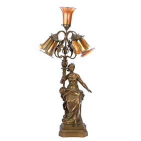Figural Banquet Lamp, Gilt Metal Figural Base Featuring Woman Holding Torch