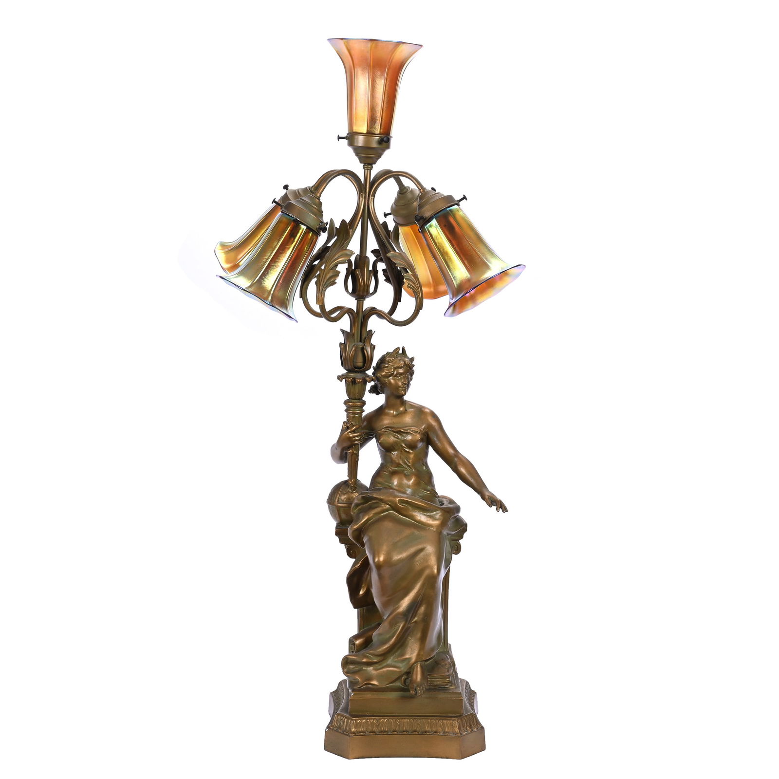 Figural Banquet Lamp, Gilt Metal Figural Base Featuring Woman Holding Torch: Figural Banquet Lamp, Gilt Metal Figural Base Featuring Woman Holding Torch, 37.5" x 12", Electrified Five Light, Features Gold Iridescent Ribbed Shades, Four Shades Signed Steuben, One Shade Signed Q