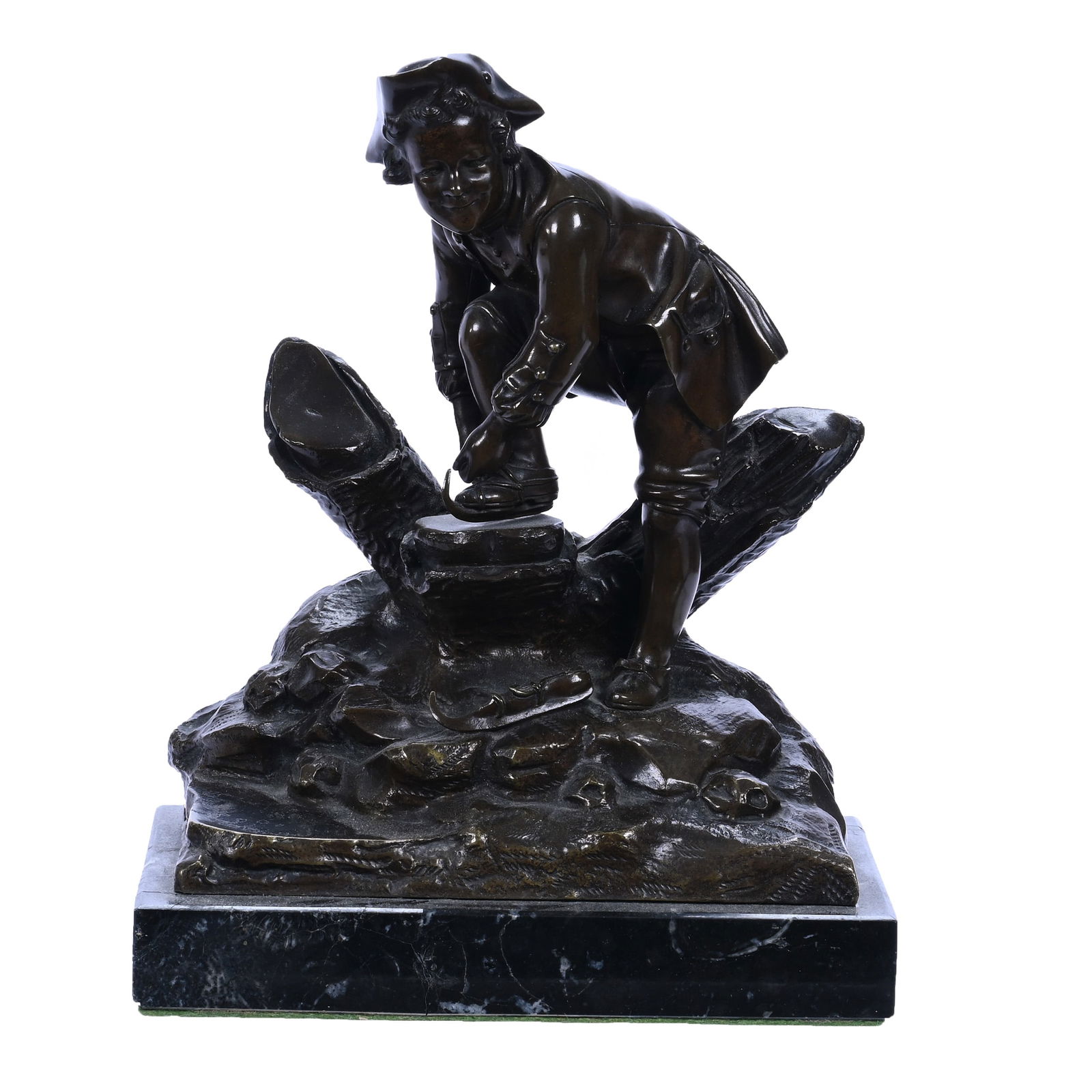 Bronze Figurine Mounted On Marble Base, Young Boy Strapping On Ice Skates, 20th Century: Bronze Figurine Mounted On Marble Base, Young Boy Strapping On Ice Skates, 20th Century, 8" x 6.5" x 4", Artist Unidentified, Good Patina, Nice Detail, Private Kansas Collection.
