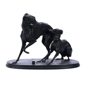 Bronze Figural Group, Two Whippets Playing Ball, Signed P.J. Mene, Early 20th Century