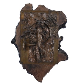 Three Dimensional Bronze Plaque, Mounted On Live Edge Background, Signed Bronze By P.J. Mene