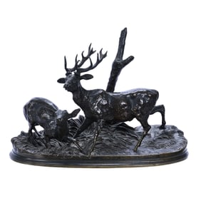 Bronze Figural Group, Marked P.J. Mene, Figure Of Startled Stag And Doe