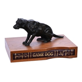 Bronze Sculpture Of Seated Hunting Dog Mounted On Wooden Case
