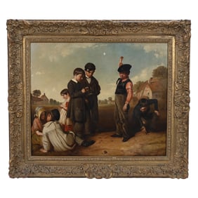 Original Oil On Canvas Painting, Signed R. James (1809-1853, )Early School Ground Scene Of Children