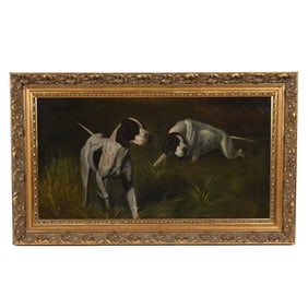Original Oil On Canvas Painting, Two Hunting Dogs On Point, Artist Signed Eleanor Hardie, Dated 1921