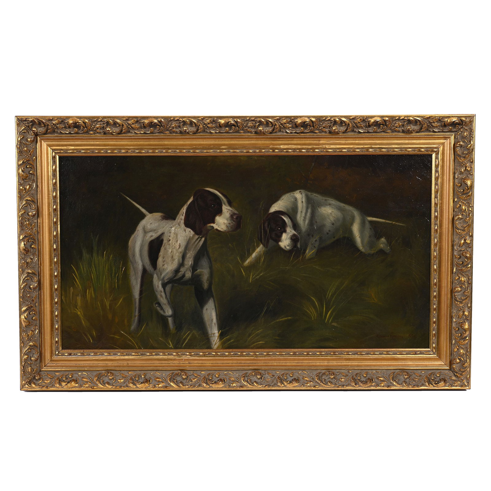 Original Oil On Canvas Painting, Two Hunting Dogs On Point, Artist Signed Eleanor Hardie, Dated 1921 (1 of 4)
