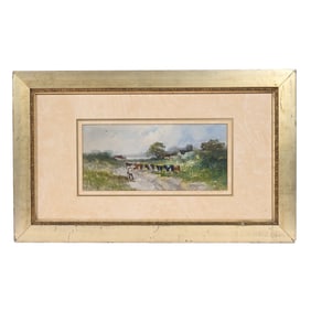 Watercolor, Early Unmarked Scene Featuring Farmer With Cattle Returning To Farm, C. 1900's