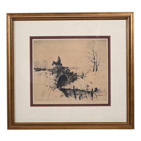 Drypoint, Titled "Stone Bridge In Winter" Dated 1932, Artist Signed Arthur W. Hall (1889-1981)