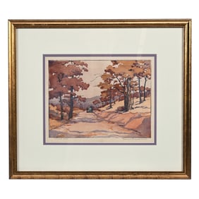 Color Block Print Titled "Autumn Road" C. 1939, Artist Signed Norma Bassett Hall (1889-1957)