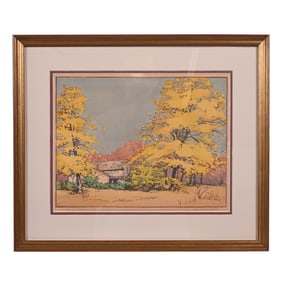 Color Block Print Titled "My Neighbor's House" C. 1932 Artist Signed Norma Bassett Hall (1889-1957)