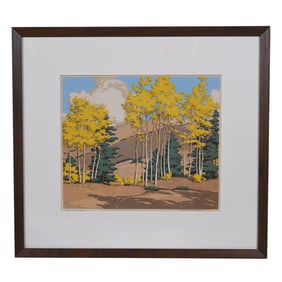 Serigraph Titled "Aspen And Spruce" C. 1949, Artist Signed Norma Bassett Hall (1889-1957)