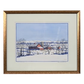 Color Block Print Titled "Jontra Farm" C. 1937, Artist Signed Norma Bassett Hall (1889-1957)