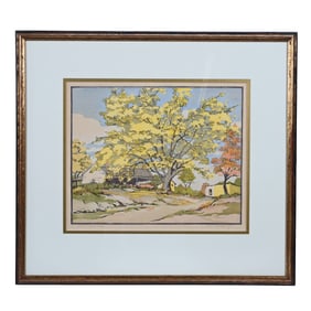 Color Block Print Titled "The Golden Maple" C. 1935, Artist Signed Norma Bassett Hall (1889-1957)